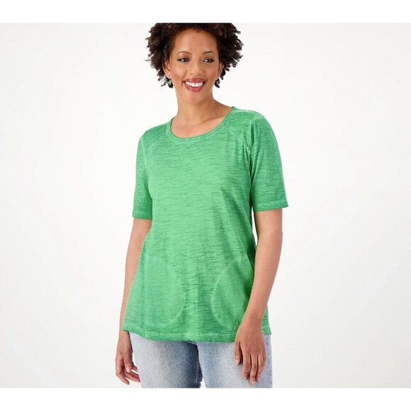 LOGO by Lori Goldstein Distressed Cotton Elbow Sleeve Top Poison Green,XS - Picture 1 of 1
